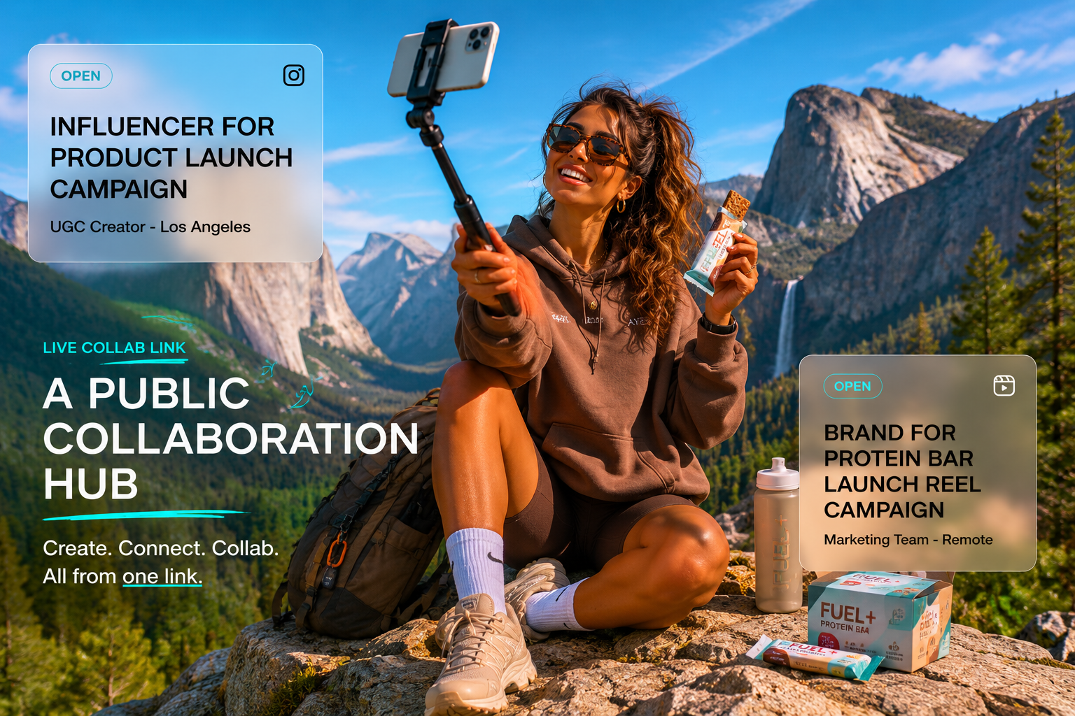 Creator filming a product launch collaboration in the mountains with CollabCard overlays.