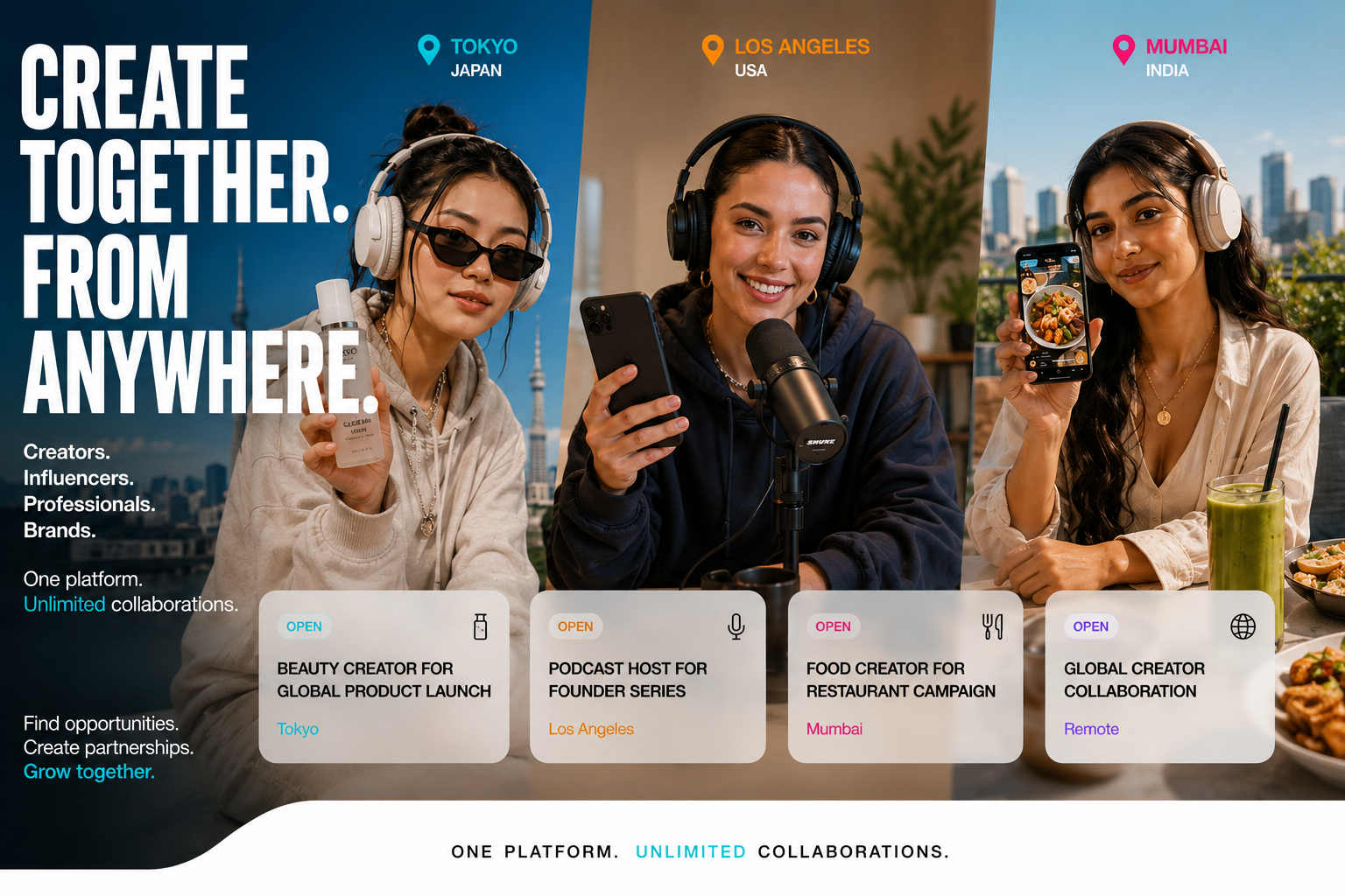 Global creators across Tokyo, Los Angeles, and Mumbai with open collaboration cards.